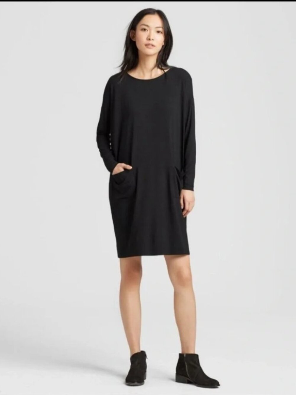 Eileen Fisher Stretch Tencel Fleece Shift Dress LBD Quiet Luxury in Black LP